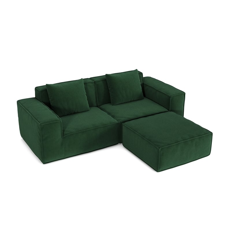 2-Seater Corduroy Fabric Compressed Tofu Block Sofa Bed with Footrest - Green