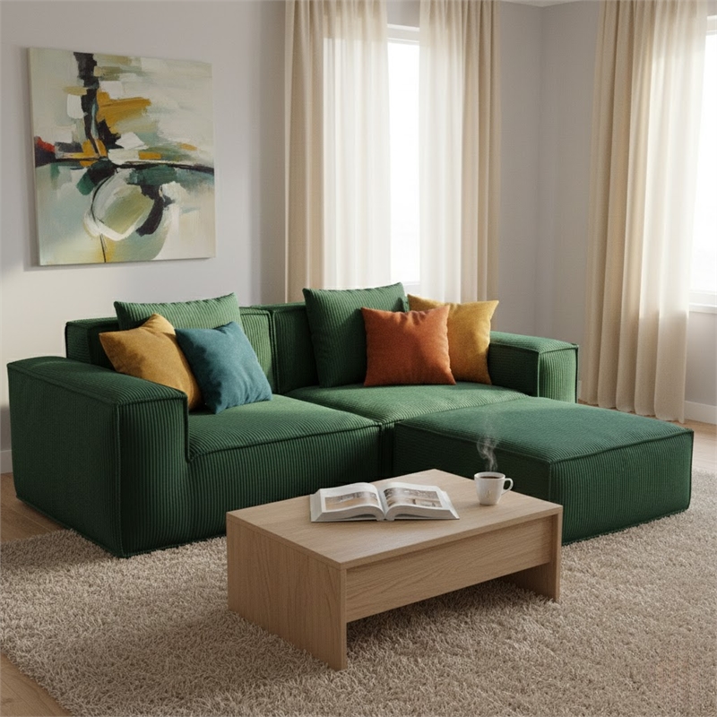2-Seater Corduroy Fabric Compressed Tofu Block Sofa Bed with Footrest - Green