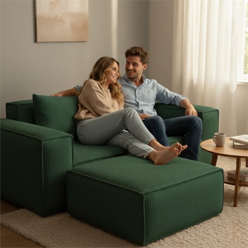 2-Seater Corduroy Fabric Compressed Tofu Block Sofa Bed with Footrest - Green
