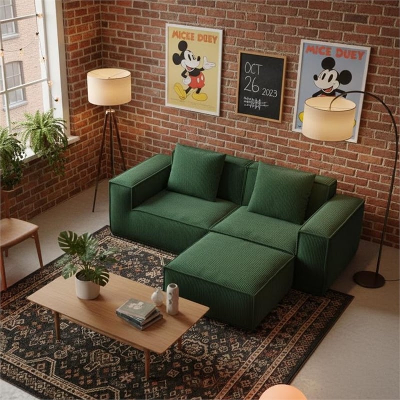 2-Seater Corduroy Fabric Compressed Tofu Block Sofa Bed with Footrest - Green
