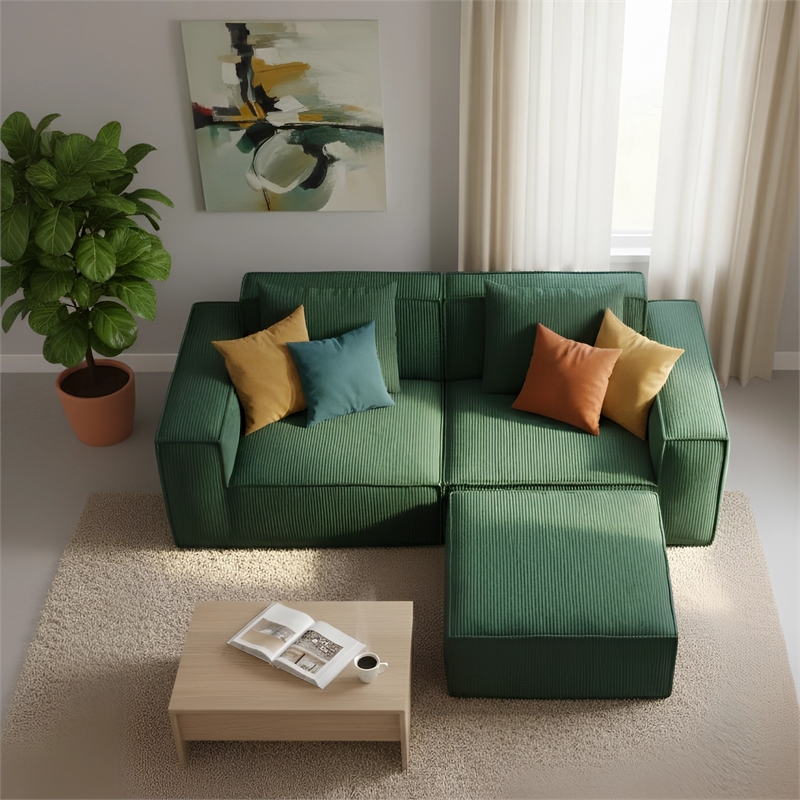 2-Seater Corduroy Fabric Compressed Tofu Block Sofa Bed with Footrest - Green