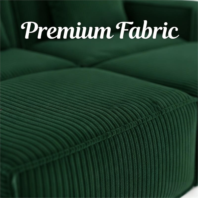 2-Seater Corduroy Fabric Compressed Tofu Block Sofa Bed with Footrest - Green
