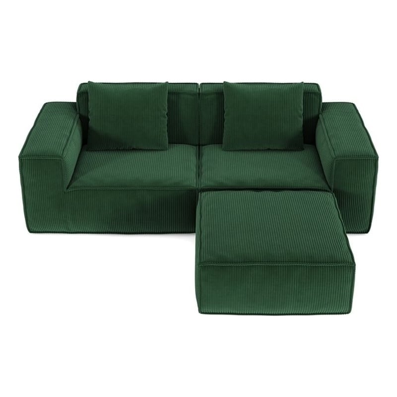 2-Seater Corduroy Fabric Compressed Tofu Block Sofa Bed with Footrest - Green