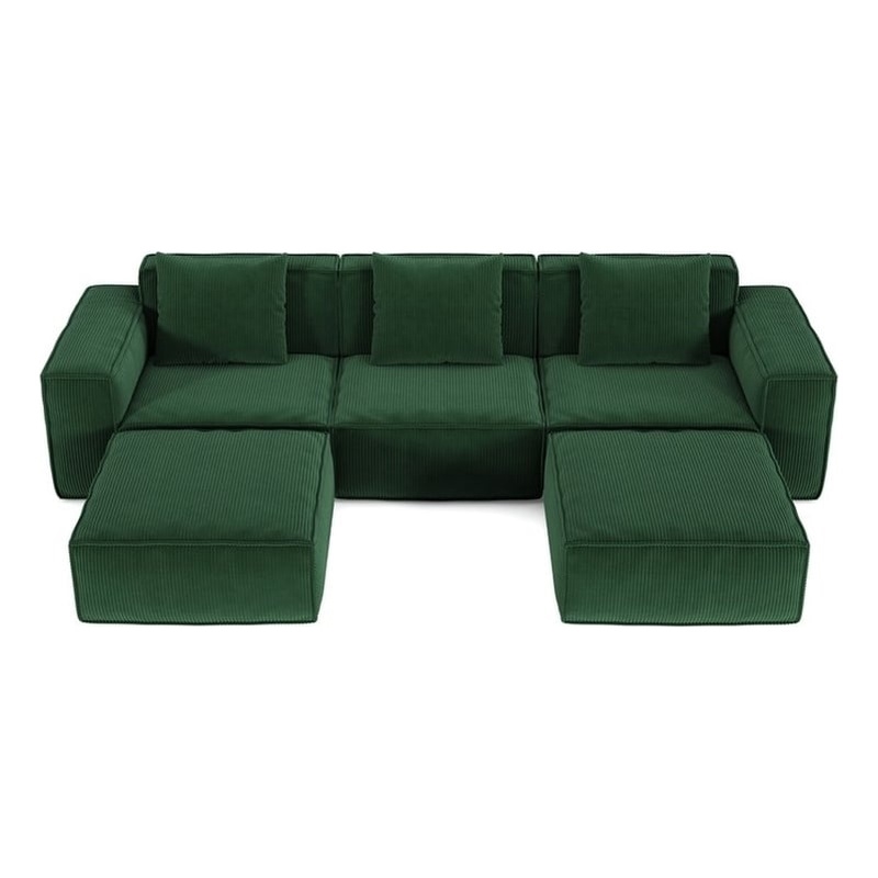 3-Seater Corduroy Fabric Compressed Tofu Block Sofa Bed with 2 Footrests - Green