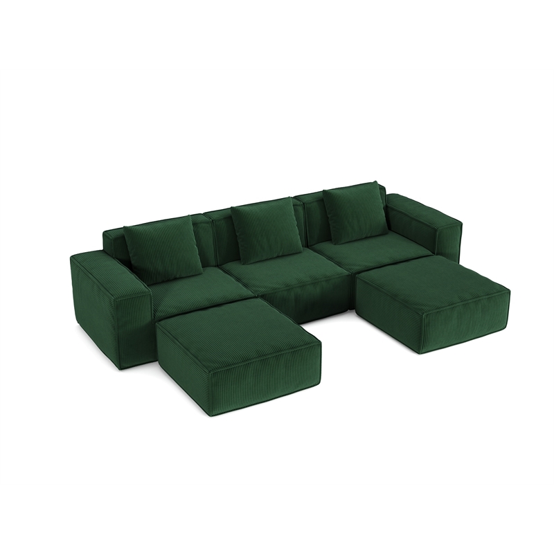 3-Seater Corduroy Fabric Compressed Tofu Block Sofa Bed with 2 Footrests - Green