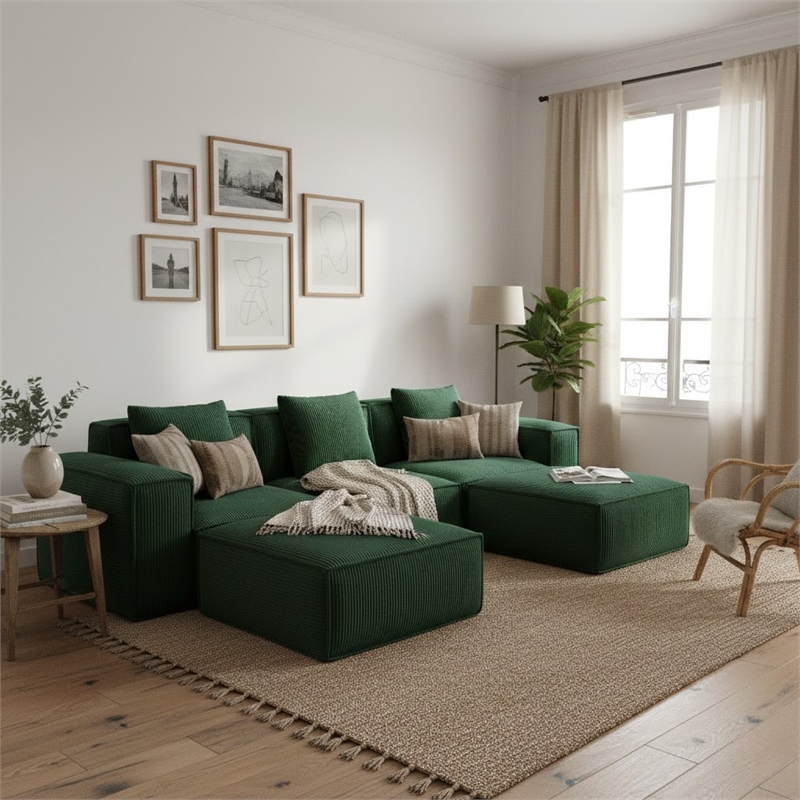 3-Seater Corduroy Fabric Compressed Tofu Block Sofa Bed with 2 Footrests - Green