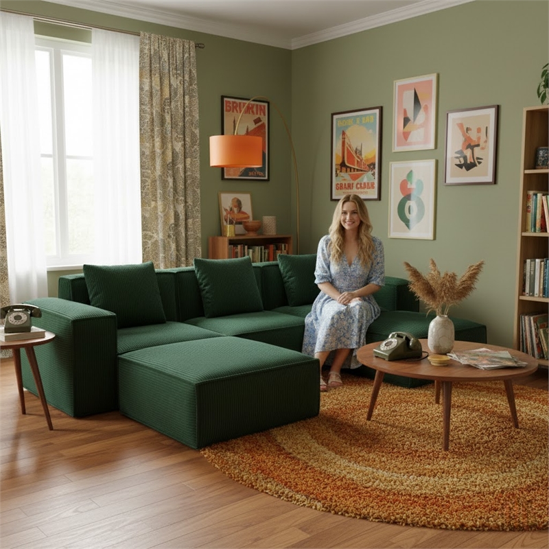 3-Seater Corduroy Fabric Compressed Tofu Block Sofa Bed with 2 Footrests - Green