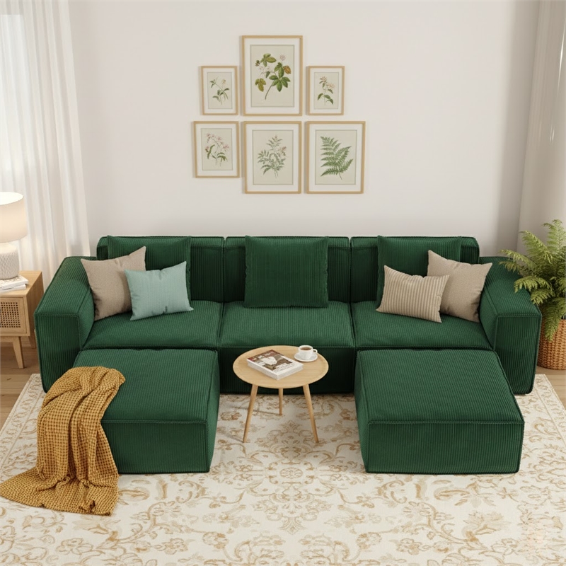 3-Seater Corduroy Fabric Compressed Tofu Block Sofa Bed with 2 Footrests - Green