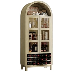 70&quot Tall White Engineered Wood Arched Wine Cabinet with 18-Bottle Rack