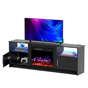 Black TV Stand with 23&quot Electric Fireplace & Sintered Stone Top & Charging Ports
