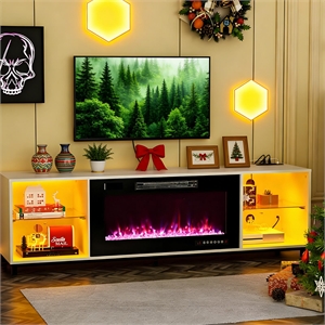 White TV Stand with 36&quot Electric Fireplace & 12-Color LED Lights Remote Control