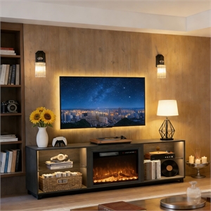 Black Engineered Wood TV Stand with 23&quot Electric Fireplace & LED & Touchscreen