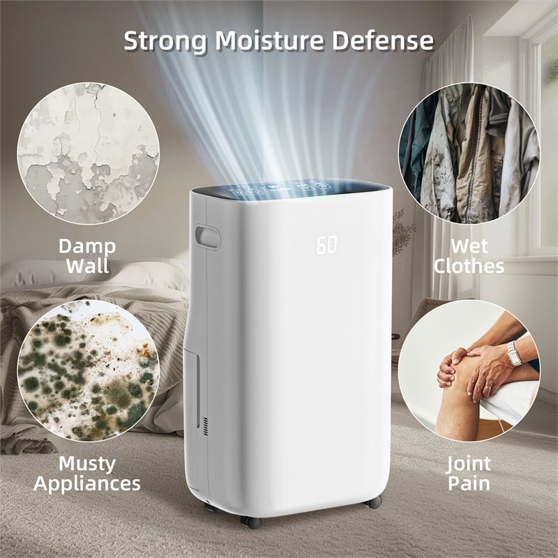 80-Pint White Plastic Semiconductor Dehumidifier for 500 Sq Ft with 5 Modes