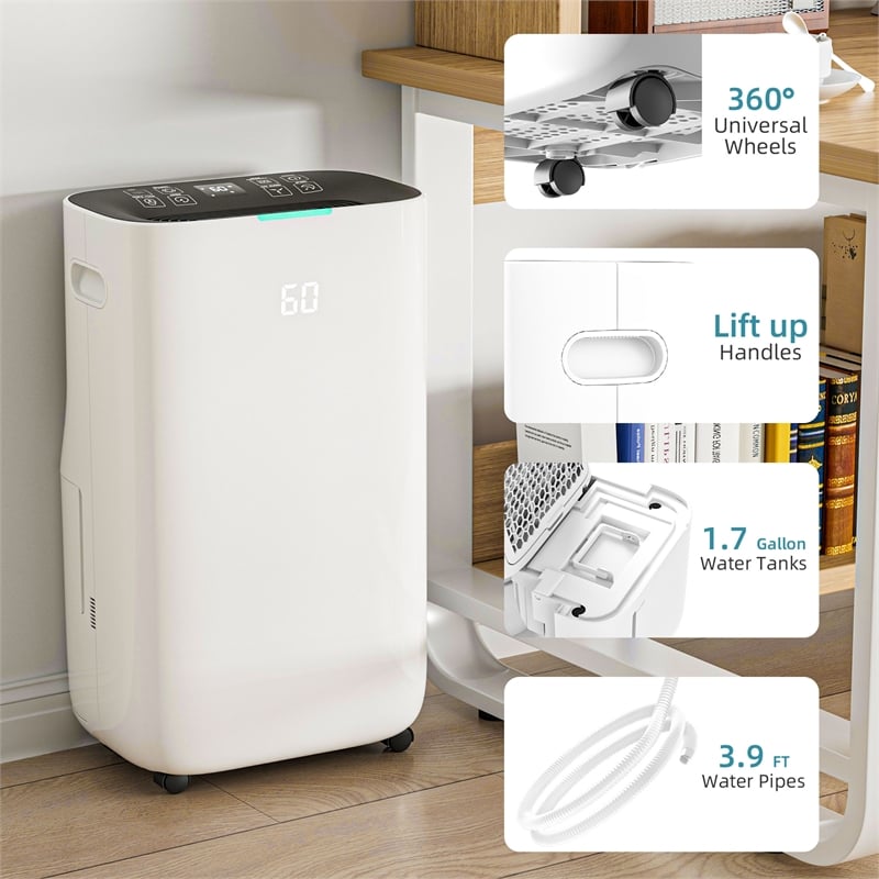 80-Pint White Plastic Semiconductor Dehumidifier for 500 Sq Ft with 5 Modes