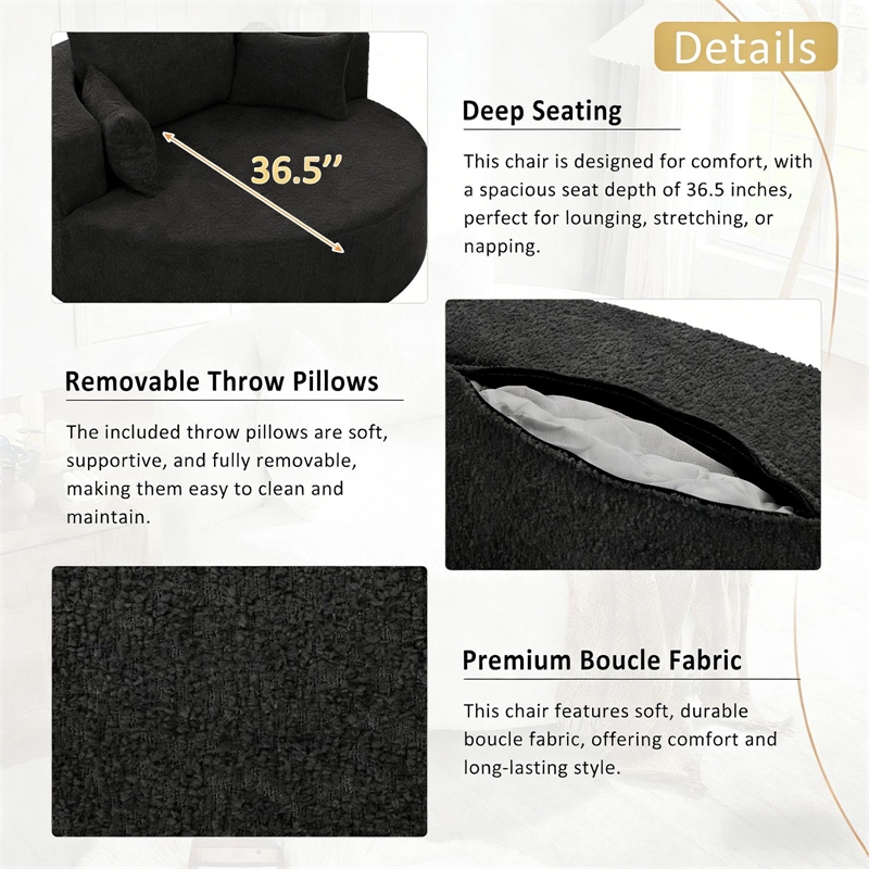 Chenille Swivel Accent Barrel Chair with 3 Removable Pillows (Black)