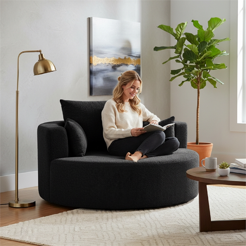 Chenille Swivel Accent Barrel Chair with 3 Removable Pillows (Black)