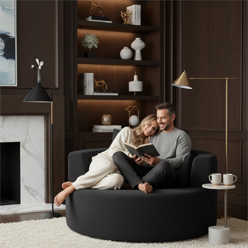 Chenille Swivel Accent Barrel Chair with 3 Removable Pillows (Black)