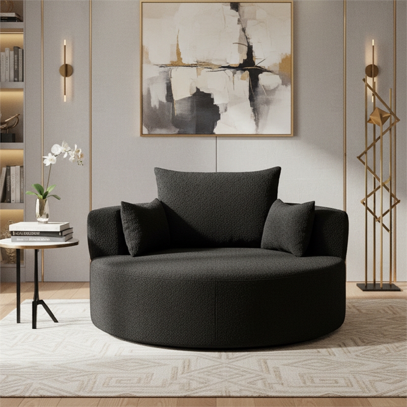 Chenille Swivel Accent Barrel Chair with 3 Removable Pillows (Black)