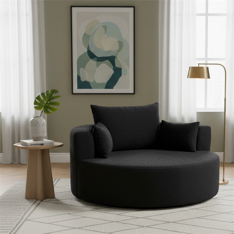 Chenille Swivel Accent Barrel Chair with 3 Removable Pillows (Black)