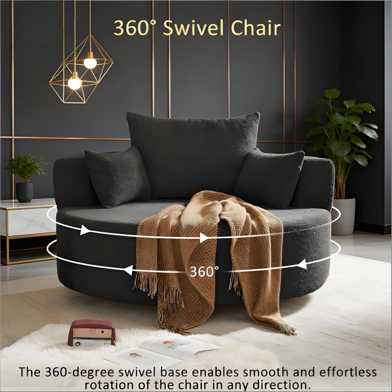 Chenille Swivel Accent Barrel Chair with 3 Removable Pillows (Black)