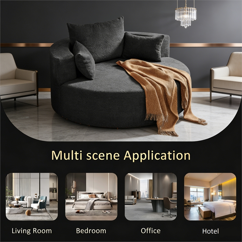 Chenille Swivel Accent Barrel Chair with 3 Removable Pillows (Black)