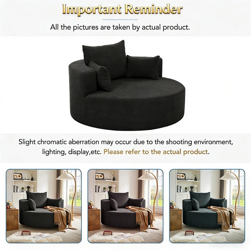 Chenille Swivel Accent Barrel Chair with 3 Removable Pillows (Black)