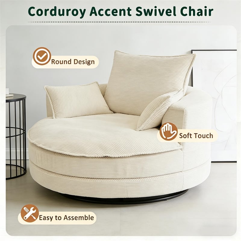 Corduroy Fabric Swivel  Accent Barrel Chair with Dual-layer Cushion (Beige)