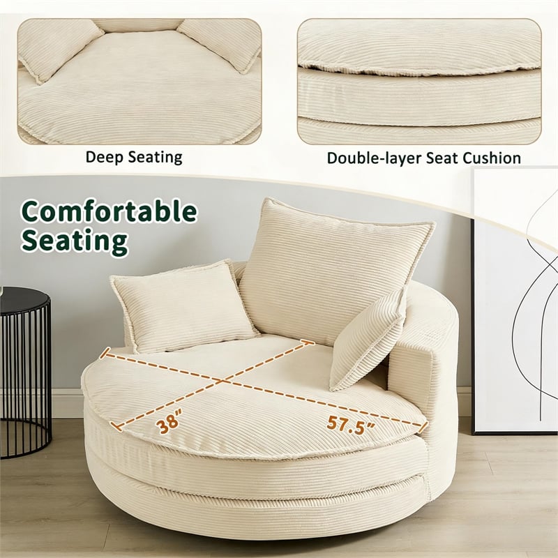 Corduroy Fabric Swivel  Accent Barrel Chair with Dual-layer Cushion (Beige)