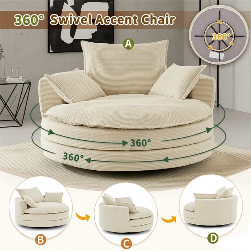 Corduroy Fabric Swivel  Accent Barrel Chair with Dual-layer Cushion (Beige)
