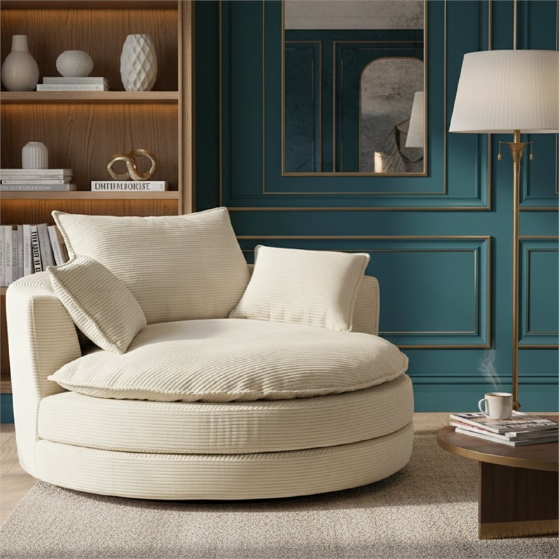 Corduroy Fabric Swivel  Accent Barrel Chair with Dual-layer Cushion (Beige)