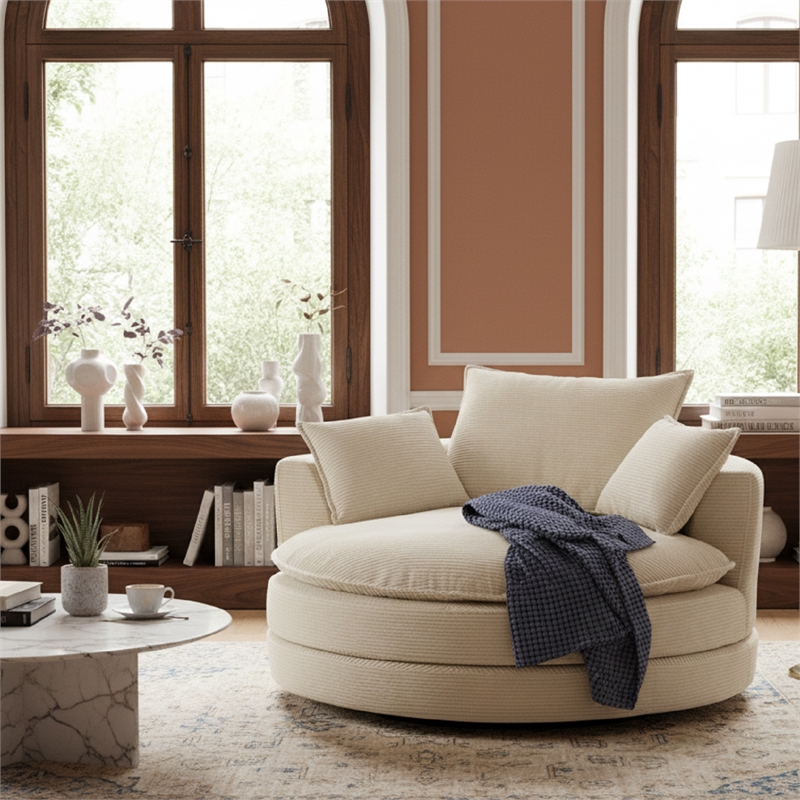 Corduroy Fabric Swivel  Accent Barrel Chair with Dual-layer Cushion (Beige)