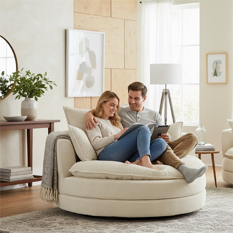 Corduroy Fabric Swivel  Accent Barrel Chair with Dual-layer Cushion (Beige)