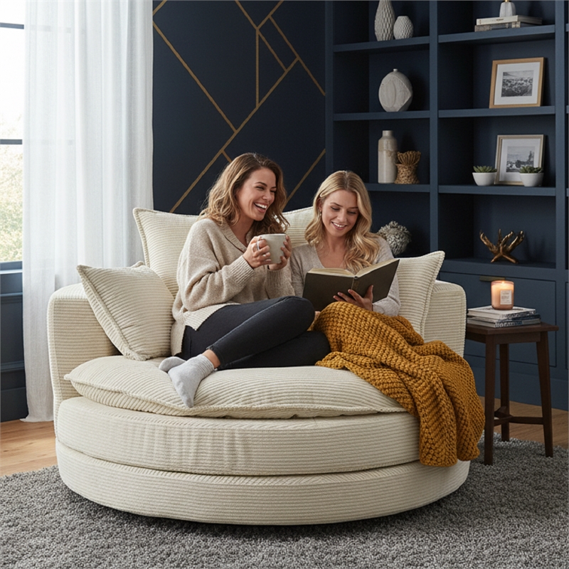 Corduroy Fabric Swivel  Accent Barrel Chair with Dual-layer Cushion (Beige)