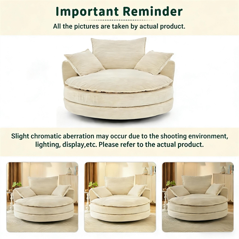 Corduroy Fabric Swivel  Accent Barrel Chair with Dual-layer Cushion (Beige)