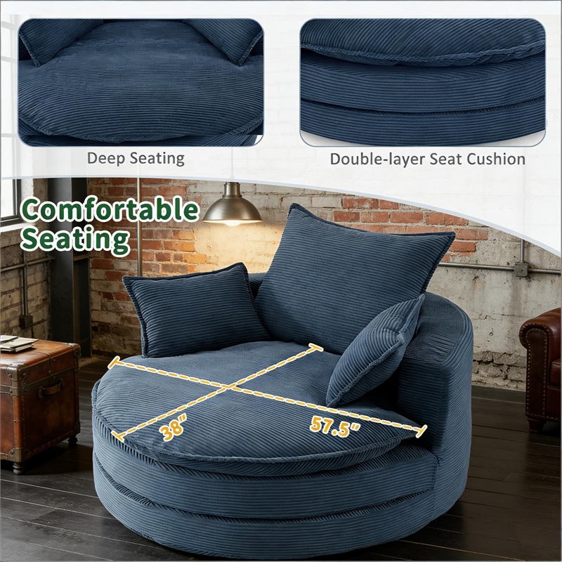 Corduroy Fabric Swivel  Accent Barrel Chair with Dual-layer Cushion (Blue)