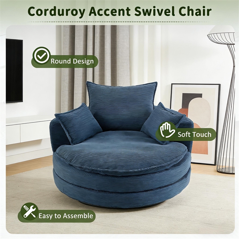 Corduroy Fabric Swivel  Accent Barrel Chair with Dual-layer Cushion (Blue)