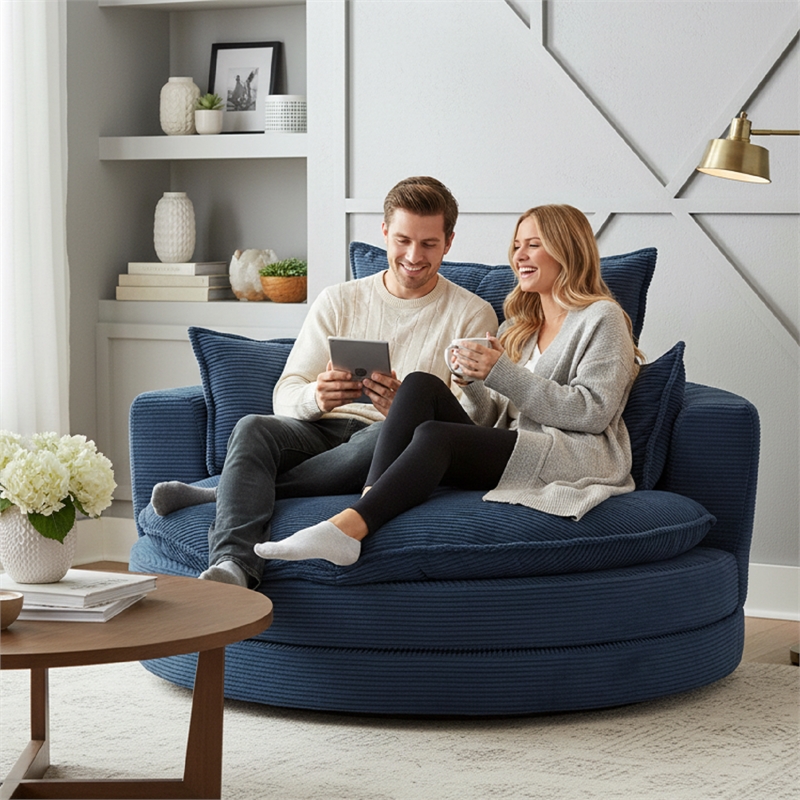 Corduroy Fabric Swivel  Accent Barrel Chair with Dual-layer Cushion (Blue)