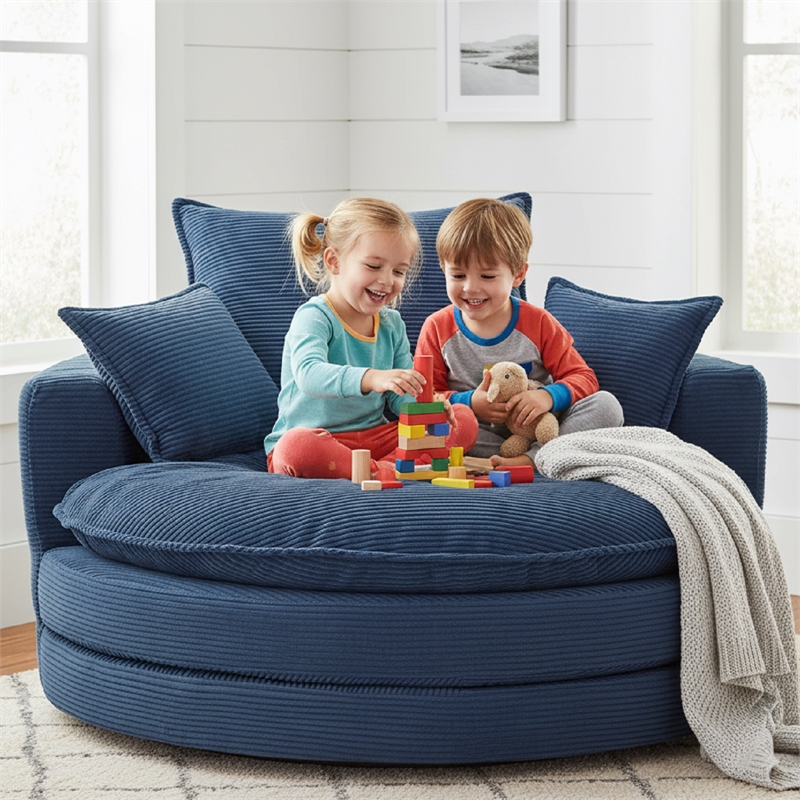 Corduroy Fabric Swivel  Accent Barrel Chair with Dual-layer Cushion (Blue)