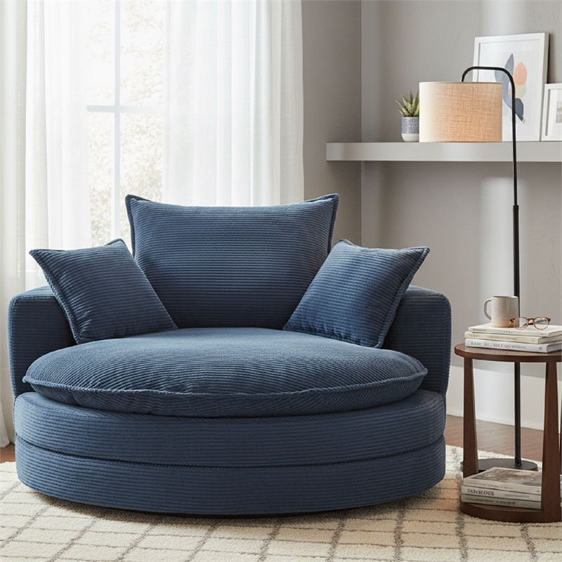 Corduroy Fabric Swivel  Accent Barrel Chair with Dual-layer Cushion (Blue)