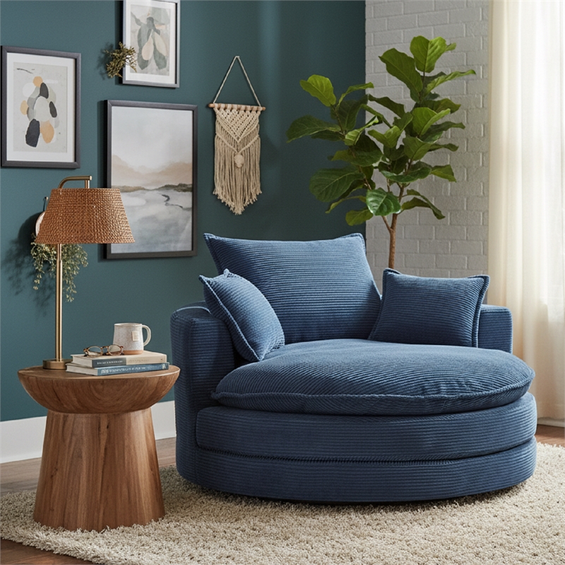 Corduroy Fabric Swivel  Accent Barrel Chair with Dual-layer Cushion (Blue)