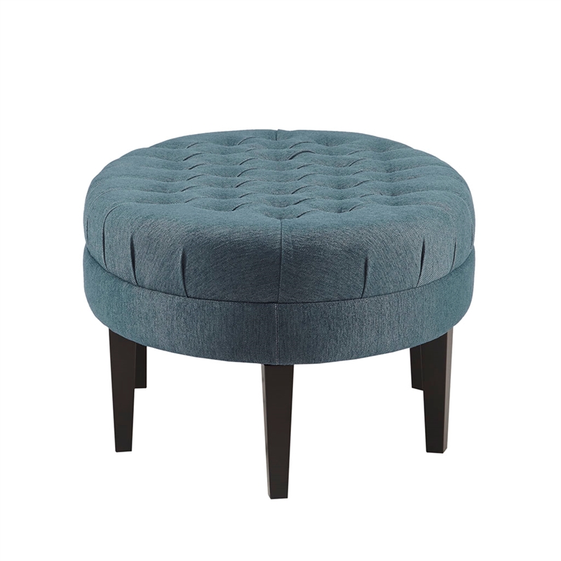 Dusty Blue Oval Tufted Polyester Fabric Ottoman with Solid Wood Legs