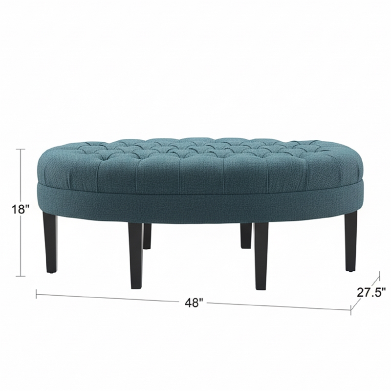 Dusty Blue Oval Tufted Polyester Fabric Ottoman with Solid Wood Legs