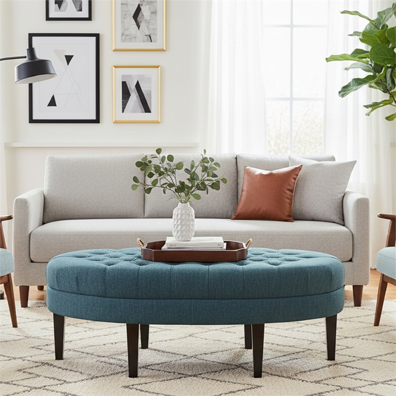 Dusty Blue Oval Tufted Polyester Fabric Ottoman with Solid Wood Legs