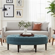 Dusty Blue Oval Tufted Polyester Fabric Ottoman with Solid Wood Legs
