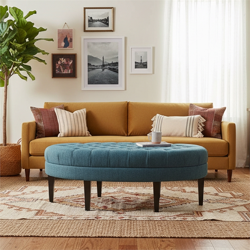 Dusty Blue Oval Tufted Polyester Fabric Ottoman with Solid Wood Legs