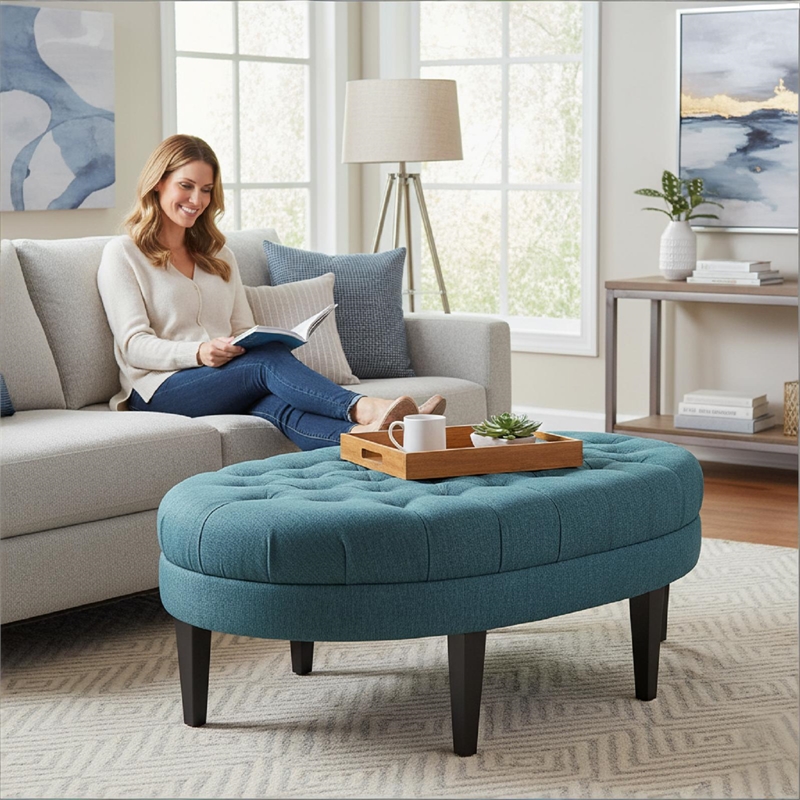 Dusty Blue Oval Tufted Polyester Fabric Ottoman with Solid Wood Legs