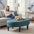 Dusty Blue Oval Tufted Polyester Fabric Ottoman with Solid Wood Legs