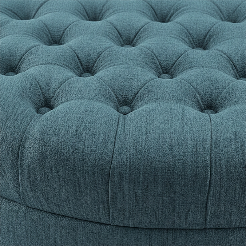 Dusty Blue Oval Tufted Polyester Fabric Ottoman with Solid Wood Legs