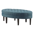 Dusty Blue Oval Tufted Polyester Fabric Ottoman with Solid Wood Legs