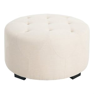 29.25&quot Beige Linen Blend Fabric Button Tufted Round Ottoman with Birch Legs